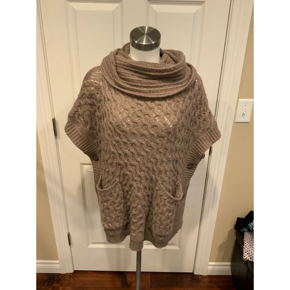 Angel of the North Anthropologie Tan Cable Knit Cowlneck Poncho, Size XS/S